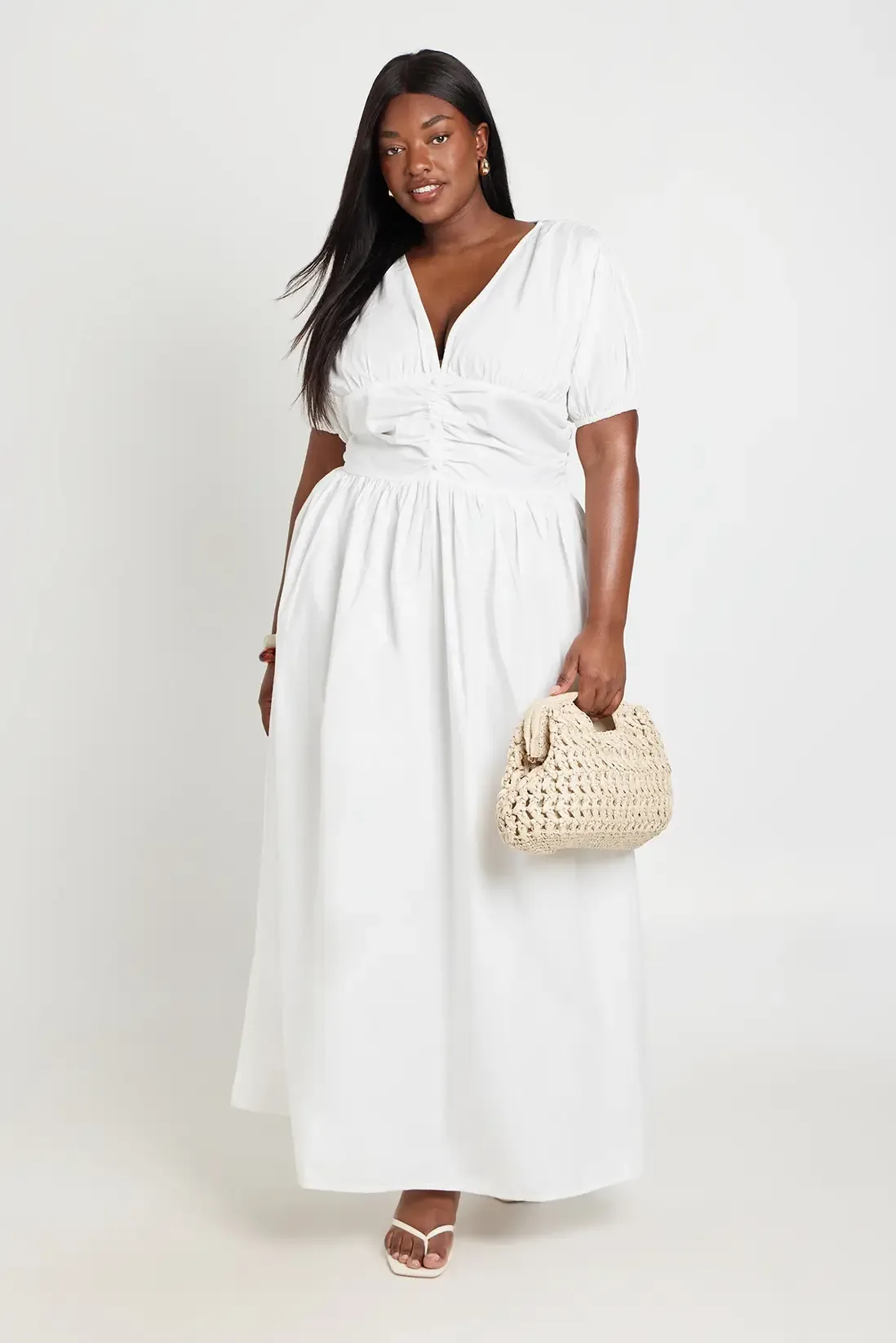 ROBE MAXI GRANDE TAILLE EN POPELINE AVEC DÉTAIL TAILLE FRONCÉE